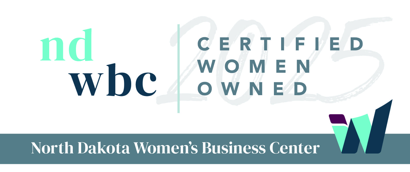 Certified Women-Owned 2025 badge from North Dakota Women’s Business Center (NDWBC) in teal and navy colors.